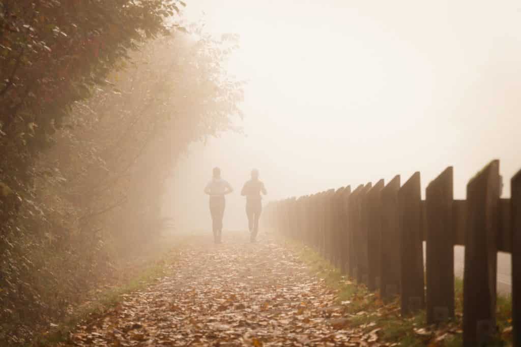 two female friends jogging on a foggy autumn trail away from the camera
